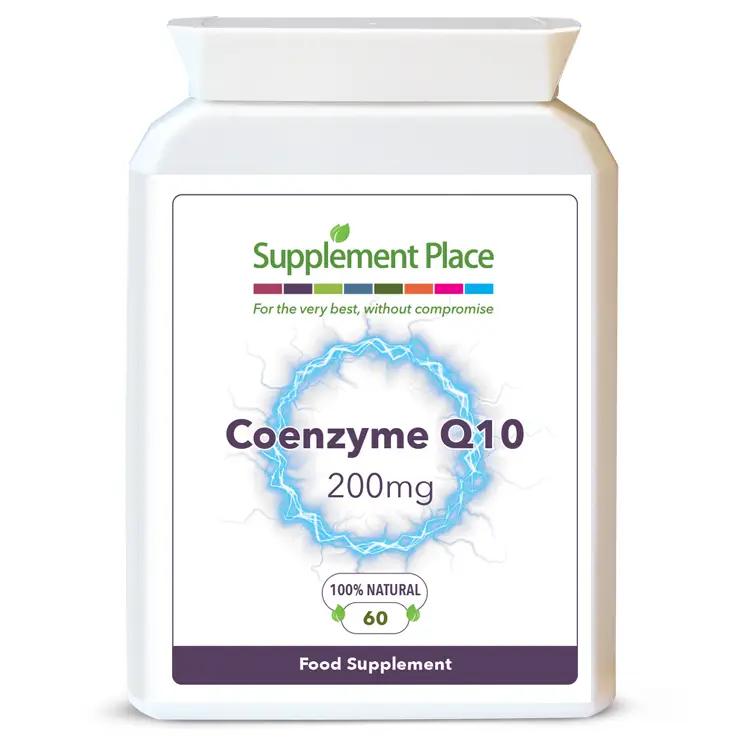 Co Enzyme Q10 200mg capsules in a letterbox-friendly pot for a natural energy boost. Front label.