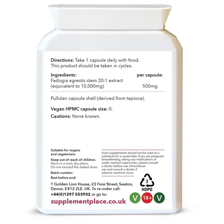 Fadogia Agrestis 500mg capsules, equivalent to 10,000 mg. Rear Label