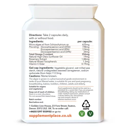 Vegan Omega 3 supplied in 625mg capsules providing EPA, DHA and DPA in a letterbox-friendly box. Rear label.