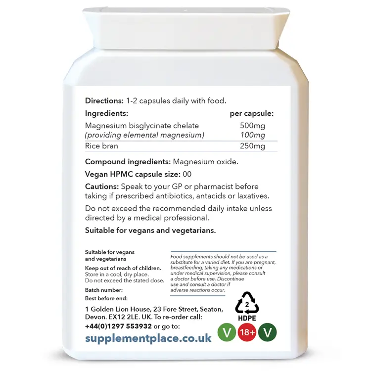 Magnesium Bisglycinate supplied in 500mg capsules providing 100mg of elemental magnesium. Chelated and buffered. Rear label.