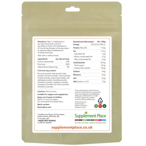 Fruit & Veg Powder Pouch Rear. Blend of berries, greens and root vegetables. 250g recyclable pouch.